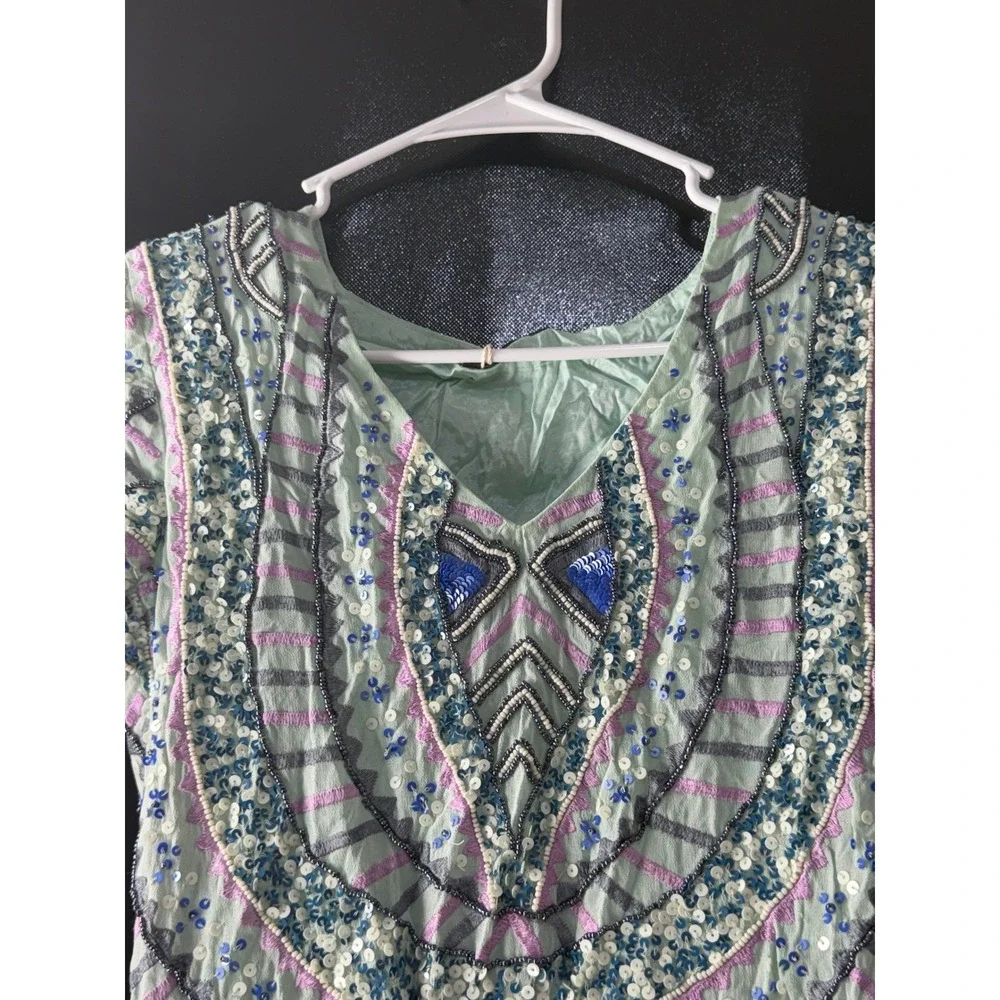 Antik Batik Mint Green Beaded Sequin Mini Dress V-Neck Boho Short Sleeve - Picture 6 of 12